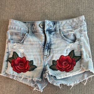 American Eagle Outfitters Light Blue Jean Shorts with Red Floral Embroidery